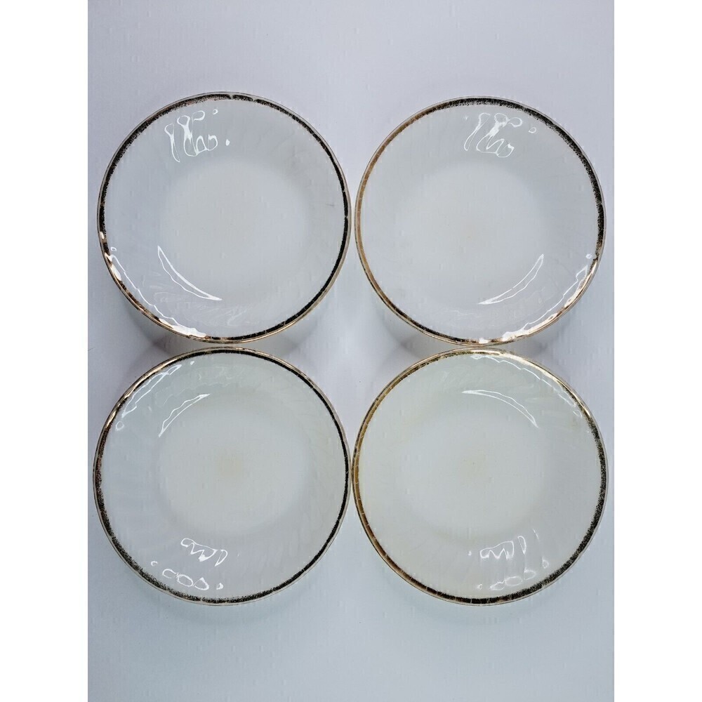 Fire King Oven Ware White Milk Glass Swirl Gold Rim Dessert Bowl Lot of 4